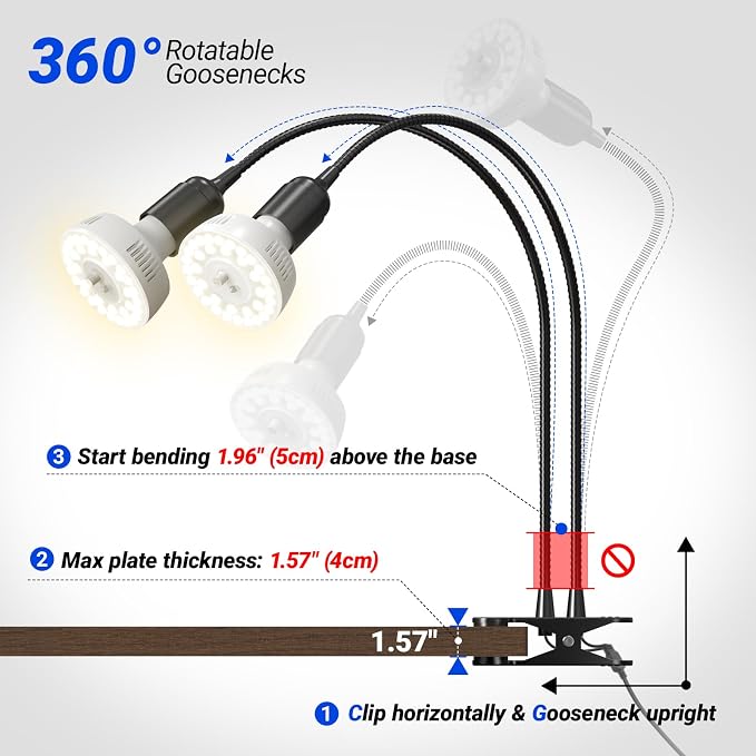 Barrina Orbgrow OG11A2 Clip On Grow Lights for Indoor Plants, Integrated Stepless Dimming & Timing, 4000K 22W(2 x 11W, 200 Watt Equiv), Full Spectrum 2-Gooseneck with E26 Plant Light Bulbs