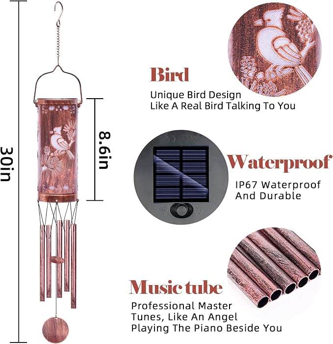 FSVGYY Solar Wind Chimes Hanging Lights Outdoor Metal Wind Chimes Memorial Wind Chime for Garden/Patio Decor Gifts for Women,Grandma,Mom (30" Metal Chimes/Red Bird)