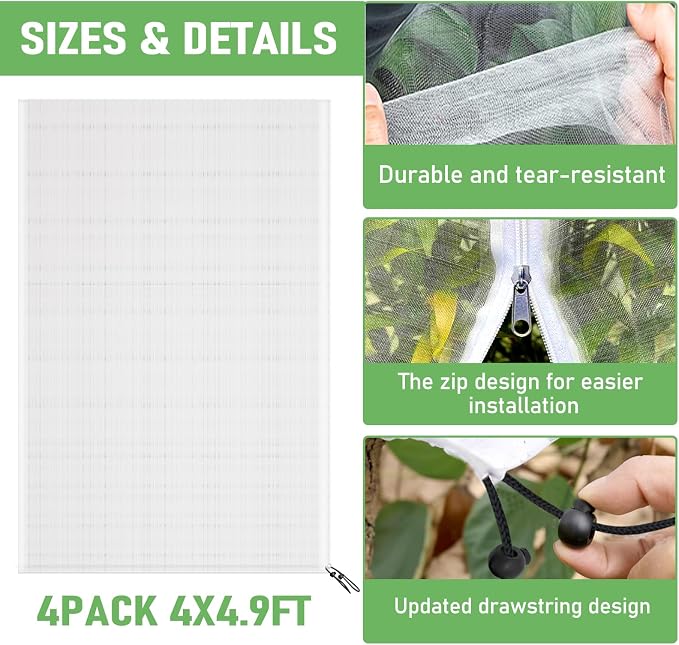 Fruit Tree Netting, Plant Mesh Netting for Garden Protection, Blueberry Bush Insect Netting Cover as Garden Pest Barrier from Cicadas, Bug, Bird (4.9x4 FT, 4Pcs, Zipper & Drawstring Design)
