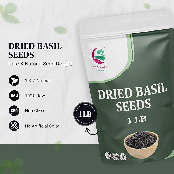 Dried Basil Seeds 1LB – Sabja/Tukmaria Basil Seeds For Eating – Sweet Basil Seed for Drinks, Desserts & Daily Use – By Yogi’s Gift®
