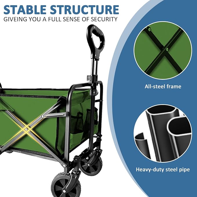 Collapsible Utility Cart Folding Wagon, 320lbs Capacity Lightweight Rolling Cart with Quiet Wheels, Quick-Fold Design for Camping, Shopping, Ourdoor Use, Green
