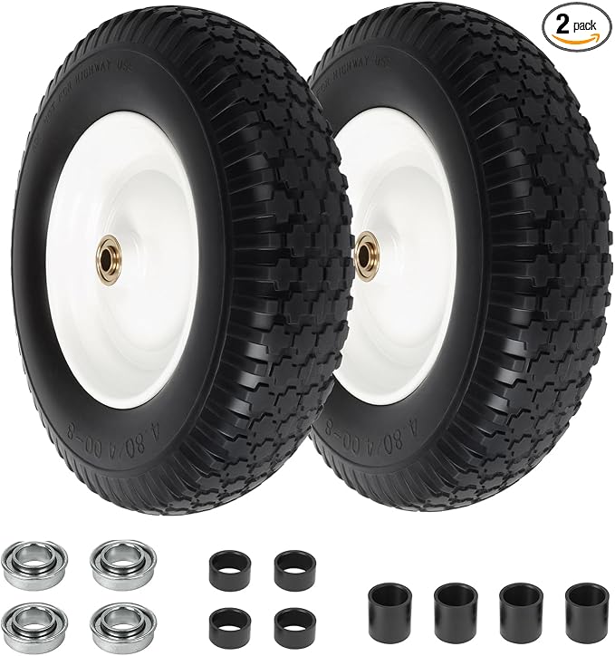 4.80/4.00-8 Wheelbarrow Tire Flat Free, 16'' Tire and Wheel 330LB Load Capacity, with 5/8" & 3/4" Bearings, 3''-4''-6''-7'' Adjustable Hub for Garden Cart, Hand Truck, Trolley, Wagon, 2 Pack