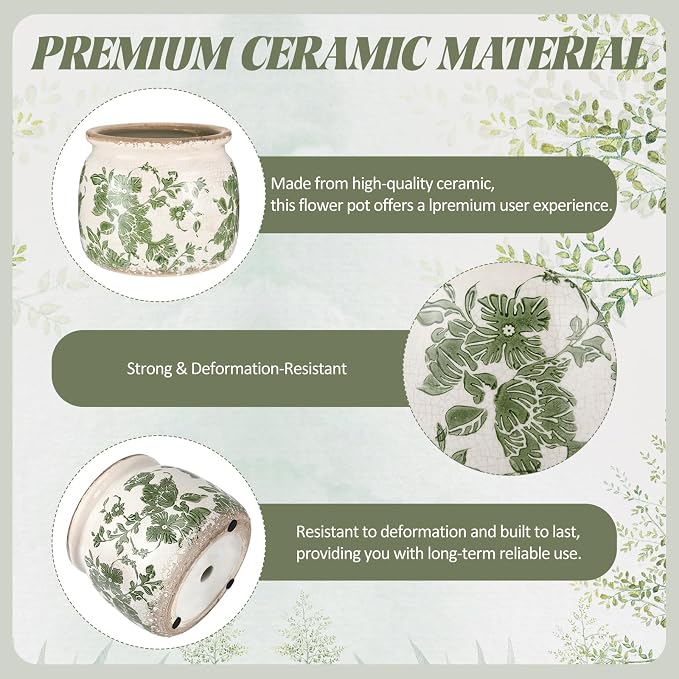 2 Pcs Vintage Planter Ceramic Plants Pot with Drainage Ice Crack Scroll Flower Vase Pot for Indoor Outdoor Plants Home Kitchen Decor Gifts (Vintage Floral,5.9")