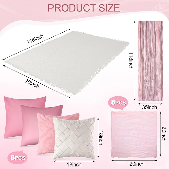 118 x 71" Extra Large Outdoor White Picnic Blankets with Pink Tulle Table Runner Cheesecloth Napkins Plush Throw Pillow Covers Oversize Beach Blanket Essentials for Wedding Picnic Camp(Classic,18)