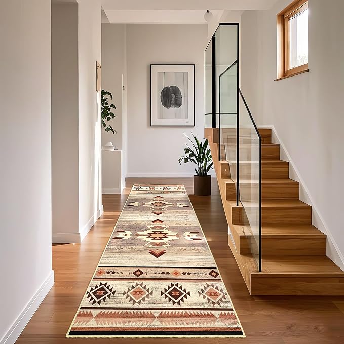 BENRON Western Hallway Runner Rug 2x8, Long Runners for Kitchen, Warm Beige | Southwest aztec Rug, Accent and Tribal Throw Rugs for Bedroom, Washable