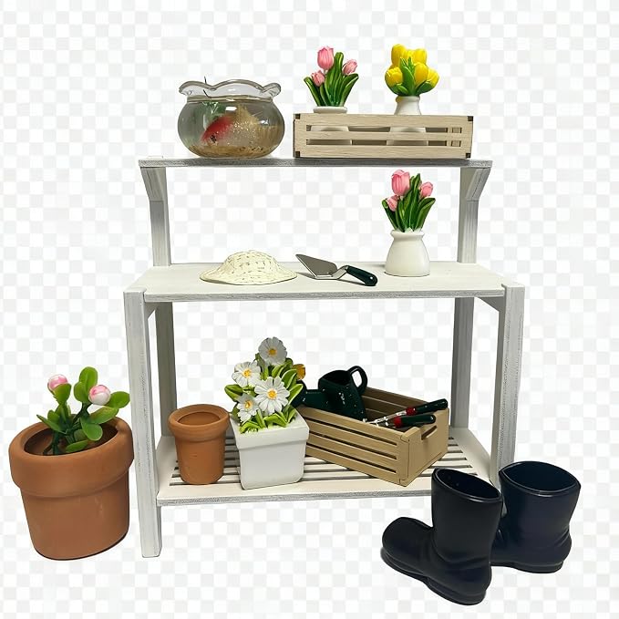 Miniature Scene Building 1:12 Scale Garden Potting Bench Set with Tools, Flowers, Pots and Fish Bowl (Potting Bench)