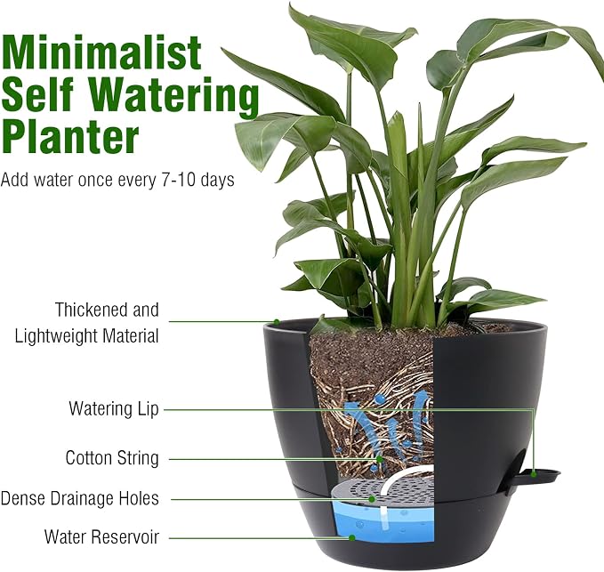 WSMKSZ 10/9/8 inch Medium Self Watering Pots, Plant Pots with Mesh Drainage Holes for Indoor Outdoor Garden Plants, Flower Pots with Removable Deep Reservoir, Set of 3 Plastic Planters, Black