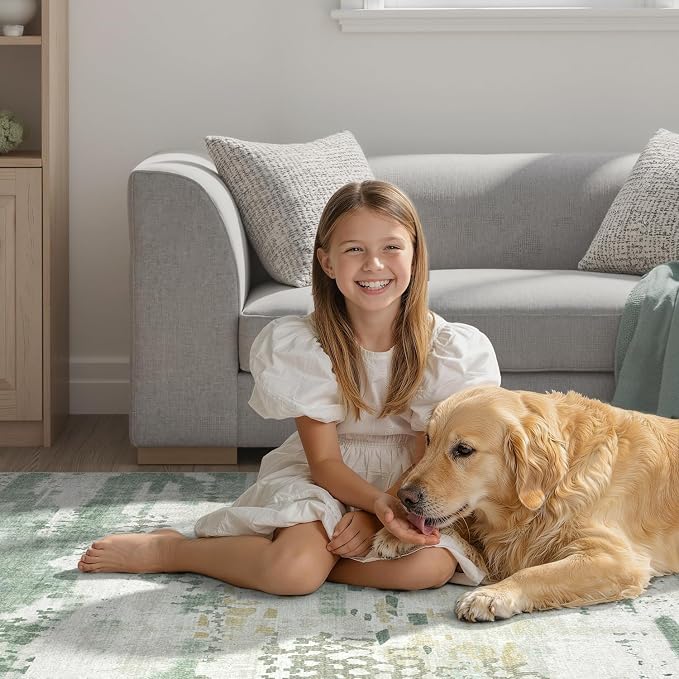 DCX Washable Abstract Area Rug 6x9, Non Slip Low Pile Rug, Sage Green | Easy to clean, non-shedding, soft, kid & pet friendly, with a non-slip rubber backing for living rooms, bedrooms, and offices