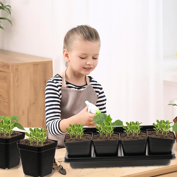 CIEOVO 2.4 inch 80 Pcs Square Nursery Pots with Drain Holes and 5 Pcs Plastic Plant Growing Trays, Seed Starter Kit Propagation Tray Seed Starting Pots for Seedling Plant Growing