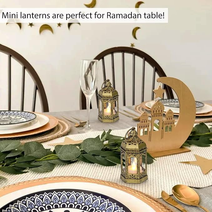 LLQ 12Pcs 5-Inch Ramadan Mini Lanterns - Ramadan & Eid Mubarak Decorations - Vintage Table Centerpieces for Wedding&Christmas Decor - LED Flickering Lantern Light for Hang Ornaments(Brushed Brass)