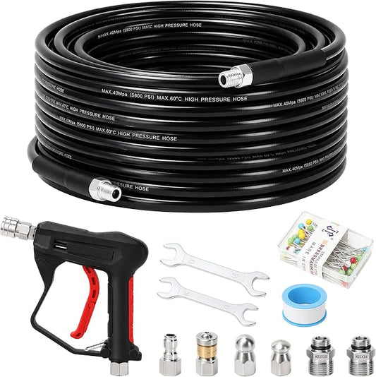 Sewer Jetter Kit for Pressure Washer 50 FT, Drain Cleaning Hose with Short Gun, 1/4" NPT, Rotating, Button Nose & Corner Nozzles, High Pressure Pipe Cleaner for Sewer and Drain Cleaning