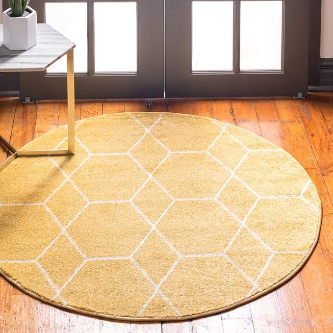 Unique Loom Trellis Frieze Collection Area Rug - Geometric (5' 1" Round Yellow/Ivory)