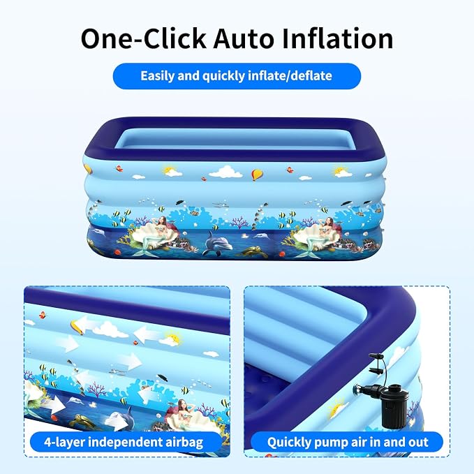 HAIKE Inflatable Pool for Adults and Kids, Summer 4 Layer Thickened Swimming Pool, Rectangle Blow Up Pool for Backyard Garden, Family Full-Sized Kids Pool Outdoor Water Party (47.2"x35.4"x29.5")
