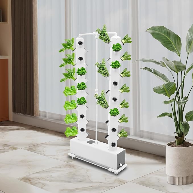 Hydroponics Growing System Kit 2 Tower 56 Pods Vertical Garden Tower Garden Growing System with Timer, Wheels, Indoor Hydroponic Planter for Vegetable, Fruit, Flower (White, 56 Pods)