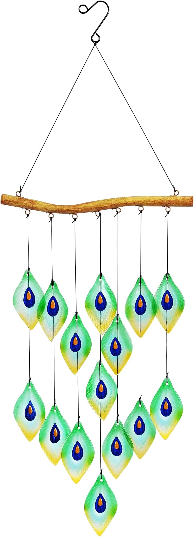 Handmade Peacock Feathers Glass Wind Chimes – Sea Glass Garden Windchimes for Outside, Hand-Painted Glass Suncatcher, Durable