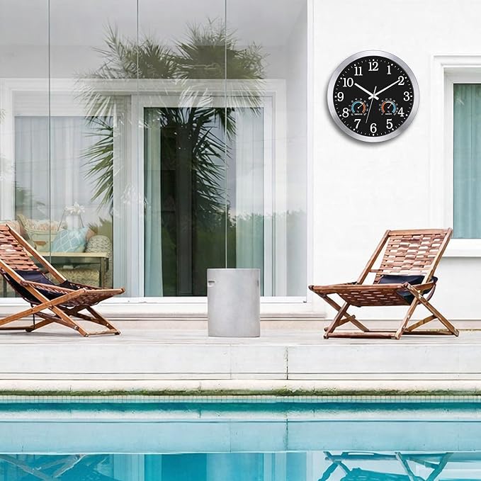 Caysie 16 Inch Indoor Outdoor Clocks Waterproof with Thermometer and Hygrometer Combo, Silent Battery Operated Quartz Metal Wall Clock for Patio Pool Bathroom Home (Black)