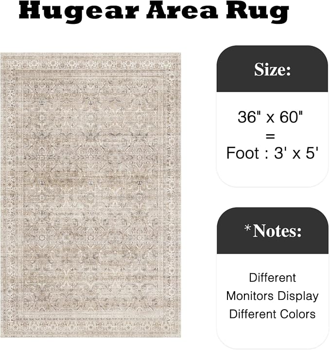 3x5 Beige Vintage Distressed Washable Area Rug for Entryway | Low Pile, Non Slip, Retro Style, Soft Distressed Indoor Rug for Entryway, Kitchen, Bathroom, Door Mat, Home Decor