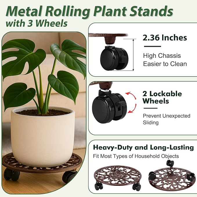 3 Packs 11 Inch Rolling Plant Stand with Wheels Wrought Iron Rolling Plant Stand with Casters Heavy Duty for Indoor Plants Rollers with Wheels, Metal Round Plant Dolly
