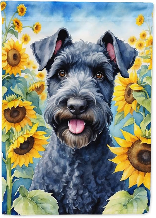 Caroline's Treasures DAC6106CHF Kerry Blue Terrier in Sunflowers House Flag Large Porch Sleeve Pole Decorative Outside Yard Banner Artwork Wall Hanging, Polyester, House Size, Multicolor