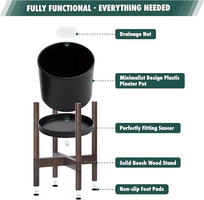 D'vine Dev Planter Pot with Stand - 12 Inch Plastic Cylinder Flower Pot with Wood Planter Holder for Indoor, Matte Black Pot + Walnut Color Stand, 55-C-O-2