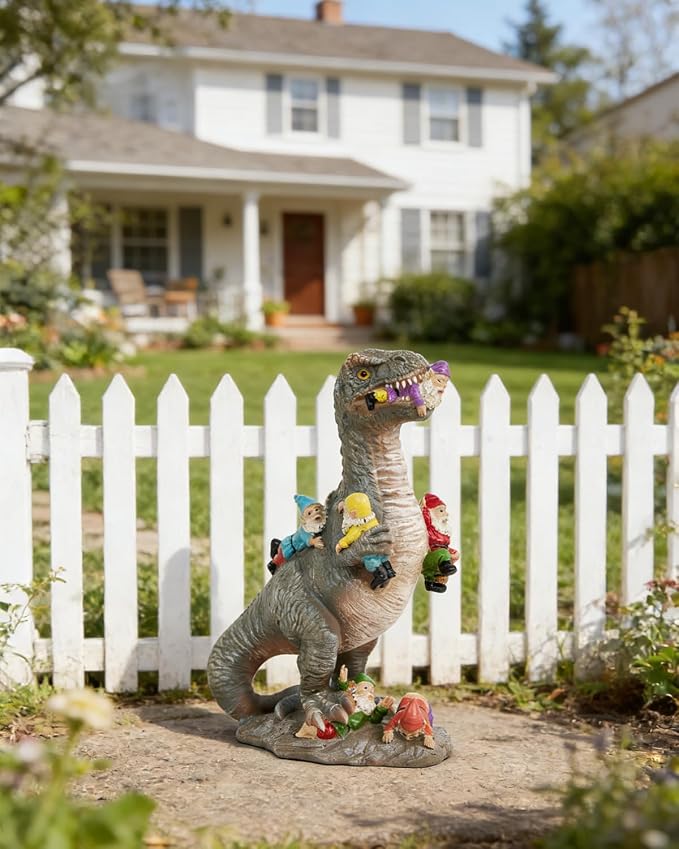 12-Inch Dinosaur Garden Gnome Statue, Outdoor Garden Decor | Funny Patio and Lawn Decoration, Gardening Gift for Women and Housewarming Present
