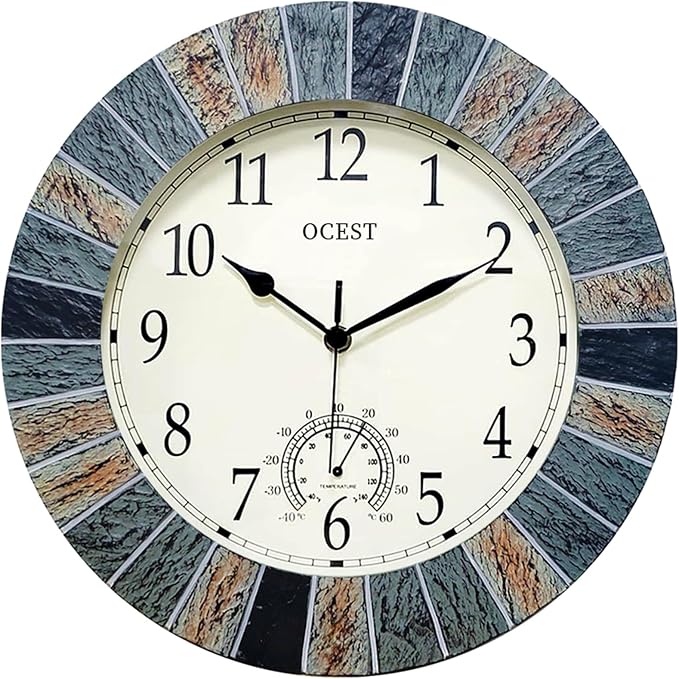 OCEST 13 Inch Large Outdoor Indoor Clock, Waterproof Wall Clock with Thermometer, Weather-Resistant Non-Ticking Battery Operated Decor for Patio, Pool, Lanai, Fence, Porch, Garden（Brown）