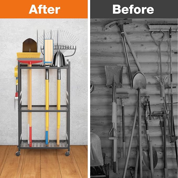 Garden Tool Organizer with Wheels, Heavy-Duty Yard Tool Rack with 3 Side Hooks, Holds Up to 40 Long-Handled Tools, Metal Garage Tool Storage for Lawn & Outdoor Organization