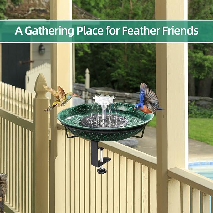 Yiabivo Deck Mounted Bird Bath with Fountain,Solar Railing Bird Bath Fountains for Hummingbirds,Adjustable Metal Durable Deck Bird Bath Holder for Railings, Garden,Patio Deck