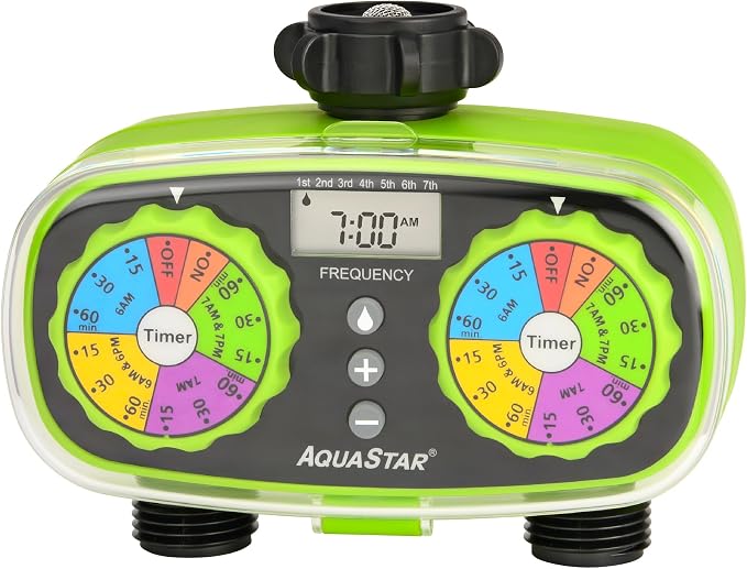 AQUASTAR Two-Zone Hose Watering Timer (Green), Automatic Irrigation for Lawn, Garden, Yard, Two Outlets