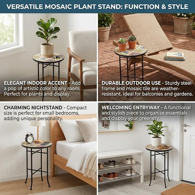 Mosaic Outdoor Side Table Small Round Patio Table Plant Stand | 21" Accent End Table with 14" Ceramic Tile Top for Small Spaces Porch Pool Garden Decor Indoor Living Room Bedroom Balcony