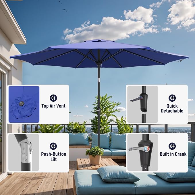 Outdoor Patio Umbrella with One Push Button Tilt and Crank, 8 Sturdy Ribs Market Table Umbrella