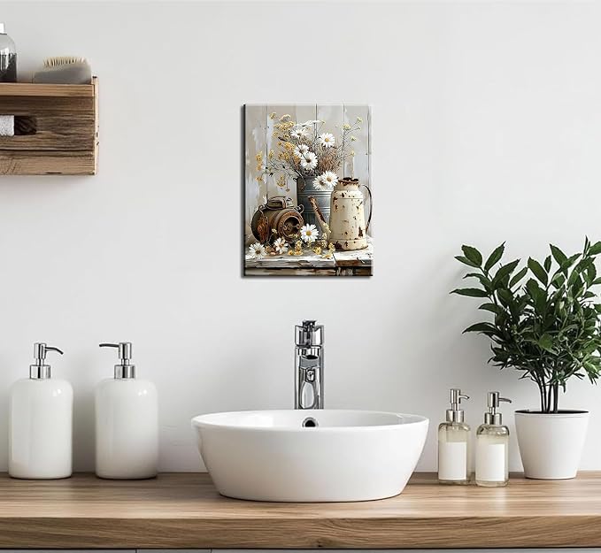 Farmhouse Rustic Flower Bathroom Canvas Wall Art White Jasmine and Rust Color Watering Can Wall Decor Picture Vintage Daisy Floral Posters Print for Bathroom Toilet Washroom Lavatory Home Decoration