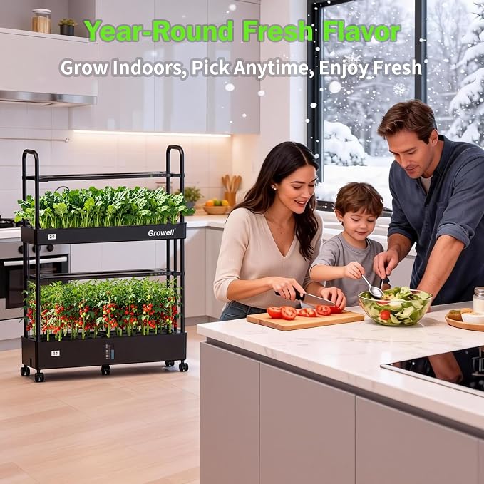 Growell 60 Pods Large Hydroponics Growing System, Vertical Indoor Garden | 2 Light Modes & 2 Timer, Smart Water Circulation, Movable with 4 Swivel Casters, 32L Large Water Tank, Space-Saving Design