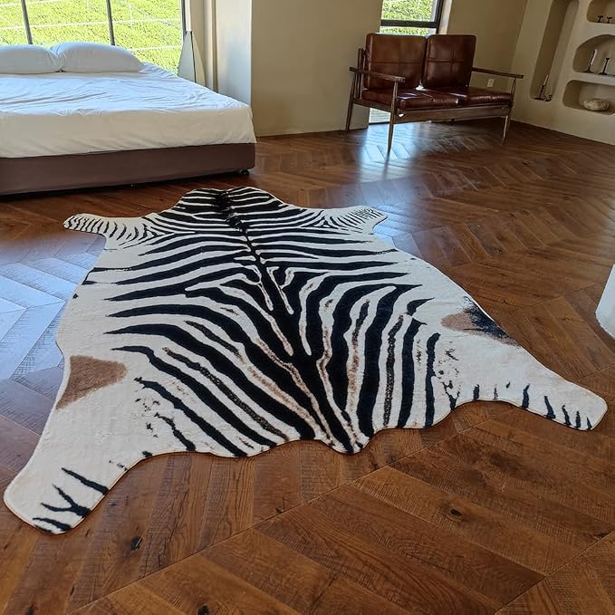 rugoo Zebra Print Rug 6.4 ft x 8.5 ft Black and White Animal Print Area Faux Fur Mat Carpet for Living Room Bedroom Nursery Sofa