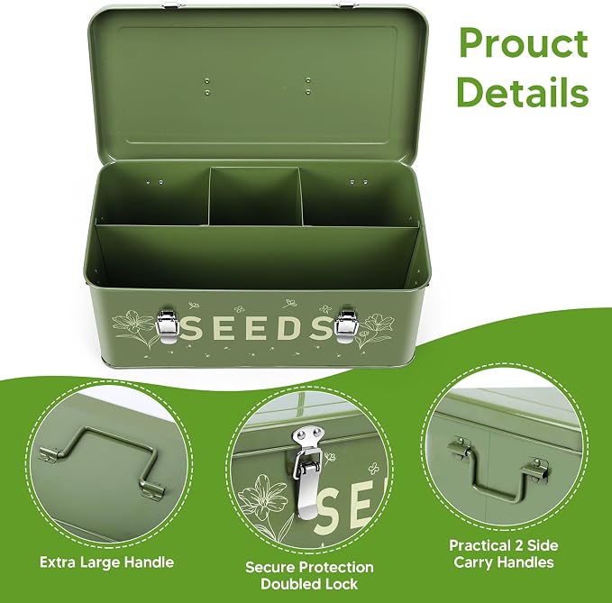 Seed Storage Organizer Box with 4 Compartments, Metal Seed Saving Container with Lockable Lid and Safety Locks, Includes 50 Envelopes, 100 Plant Labels, 50 Clips and Marker (Olive Green)