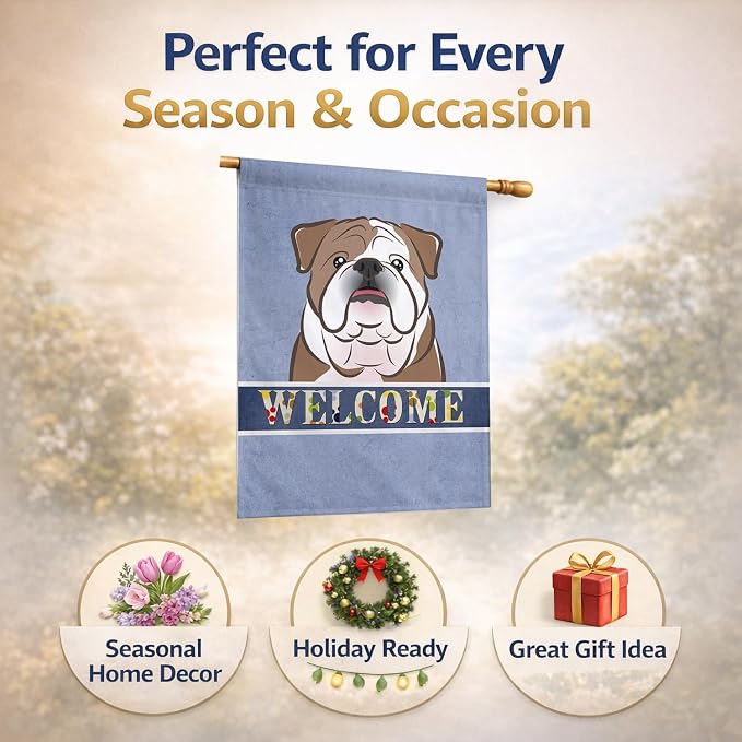 Caroline's Treasures BB1405CHF English Bulldog Welcome House Flag, Blue Large Porch Sleeve Pole Decorative Outside Yard Banner Artwork Wall Hanging, Polyester, House Size, Multicolor