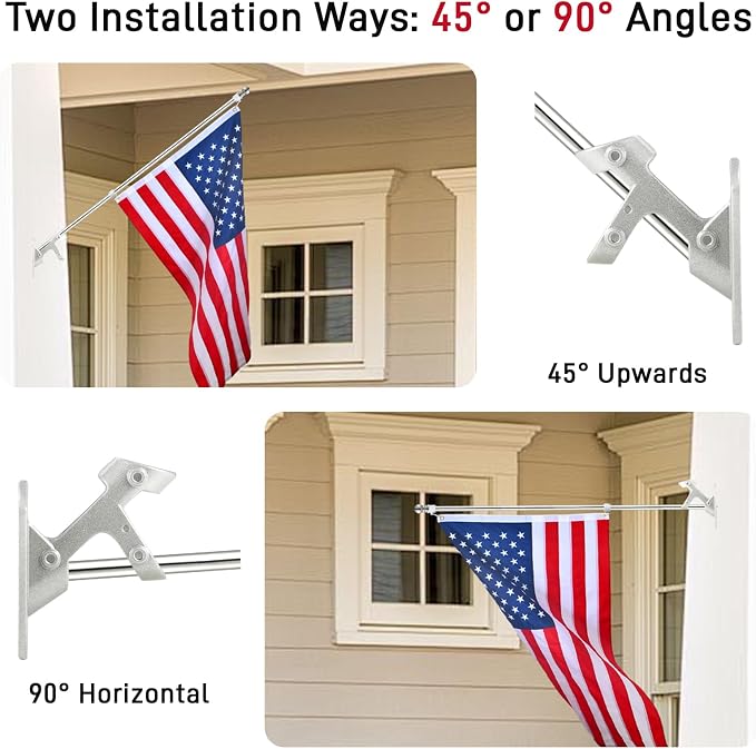 Silver House Flag Pole Kit, (2 Packs) 6 FT Stainless Steel Tangle Free Spinning Flagpoles with Two-Position Wall-Mounted Flag Pole Holder for 3x5 American Flags, Outside House Porch (No Flag)