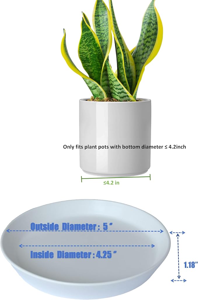 Ceramic Plant Saucer Tray 4 Pcs 4 5 Inch White, 5" OD x4.25 ID x1.18 Deep| Round Sturdy Heavy Duty Glazed Bevel Planter Drip Flower pots with Catch Basin for Indoor Outdoor Plants