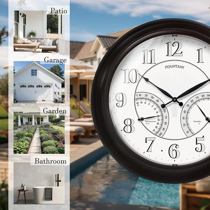 24" Jameson in/Outdoor Lighted Clock, Self-Illuminated, Waterproof, 3 in 1 Weather Station (Thermometer & Hygrometer), Metal Clock, Oil Rubbed Bronze Finish(Night Light)