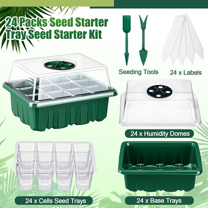 24 Pack Seed Starter Tray Seedling Kit with Adjustable Humidity Dome and Base Indoor Plant Germination Tray Mini Greenhouse Germination Kit Planter Starter for Plant Growing Starting