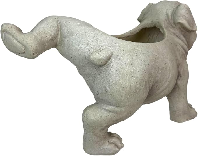 Zeckos Bulldog Planter, Antique Stone Finish Magnesium Oxide Freestanding Dog Planter, 11 Inch Tall Decorative MGO Animal Planter with Drain Hole for Indoor Display and Decor