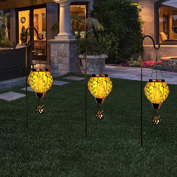 Hot Air Balloon Solar Lantern with Flame | Handmade Glass, Waterproof Outdoor Lantern, Decorative Outdoor Lantern for Patio, Garden, Porch, Green