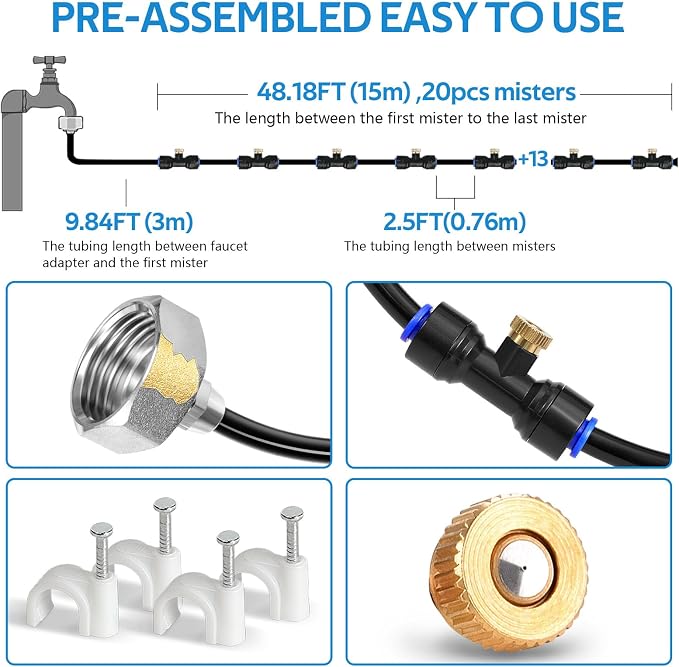 homenote Misting Cooling System 59FT (18M) Misting Line + 20 Brass Mist Nozzles + Brass Adapter(3/4") Outdoor Mister for Patio Backyard Garden Greenhouse Watering
