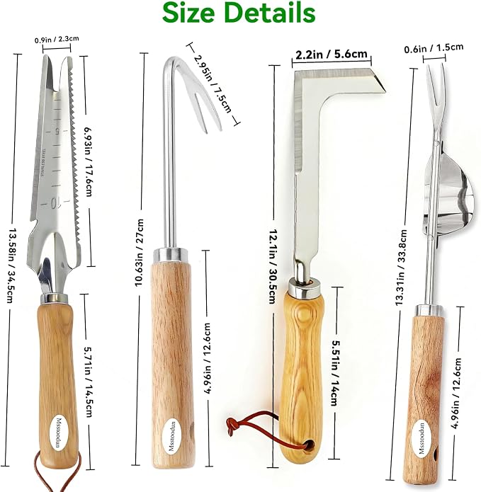 4PCS Garden Weeding Tool Set, Hand Weeder Tools with Wooden Handles, Double Claw Root Hook, V-Shape Weed Puller, Crack Weeder & Stainless Steel Garden Trowel for Digging, Planting & Weed Removal
