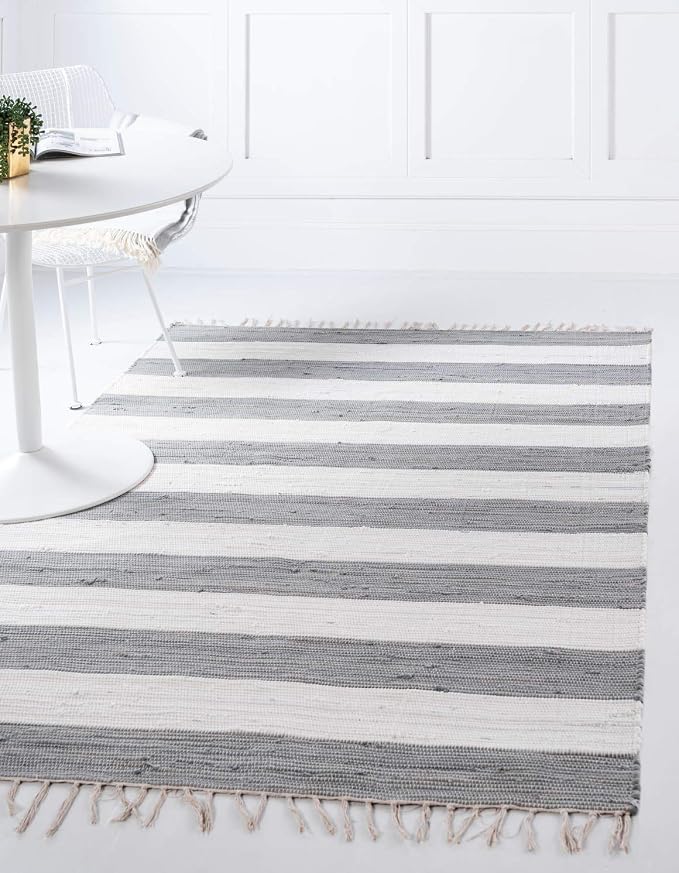 Unique Loom Chindi Rag Collection Area Rug - Striped (5' 1" x 8' Rectangle, Gray/ Ivory)