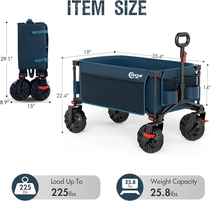 Portal Collapsible Wagon with Brakes, Heavy Duty Utility Cart with All-Terrain Wheels, Portable Folding Wagons for Camping, Beach, Garden, Shopping, and Groceries