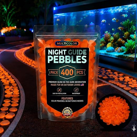 Glow in the Dark Rocks Outdoors, Decorative Night Guide Pebbles for Landscaping & Garden Pathway, Colored Glow Stonesfor Fish Tank, Aquarium Decor & Planters, Luminous Stones for Vases (400, Orange)
