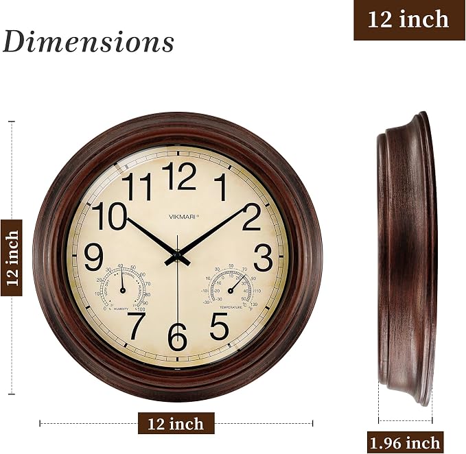 VIKMARI Indoor Outdoor Sealed Glass Clock Waterproof Silent Classic Quartz Clocks Thermometer and Hygrometer Combo Battery Operated Wall Clocks for Bathroom Patio Pool Wall Decor (12 Inch,Brown)
