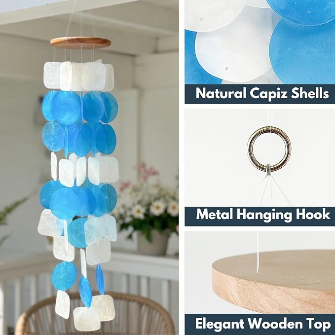 Solange & Frances Beach Decor Shell Wind Chimes for Outside. Ocean Decor Wind Chimes Outdoor Decorations for Yard. Beachy Gifts for Mom Birthday, Gift for Women, and Gift for Men (Ocean Breeze)