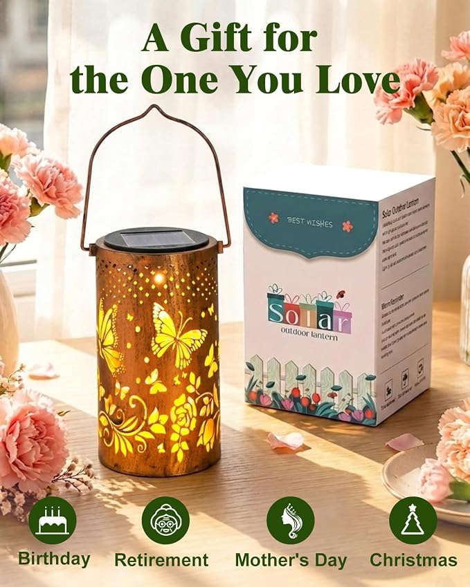 DIBIEECN 4 Pack Butterfly Solar Lanterns Outdoor Waterproof, Garden Decor | Metal Hanging Lights, IP65 Waterproof, LED Decorative Lantern, Patio & Backyard, Birthday Gifts for Women, Mom & Grandma